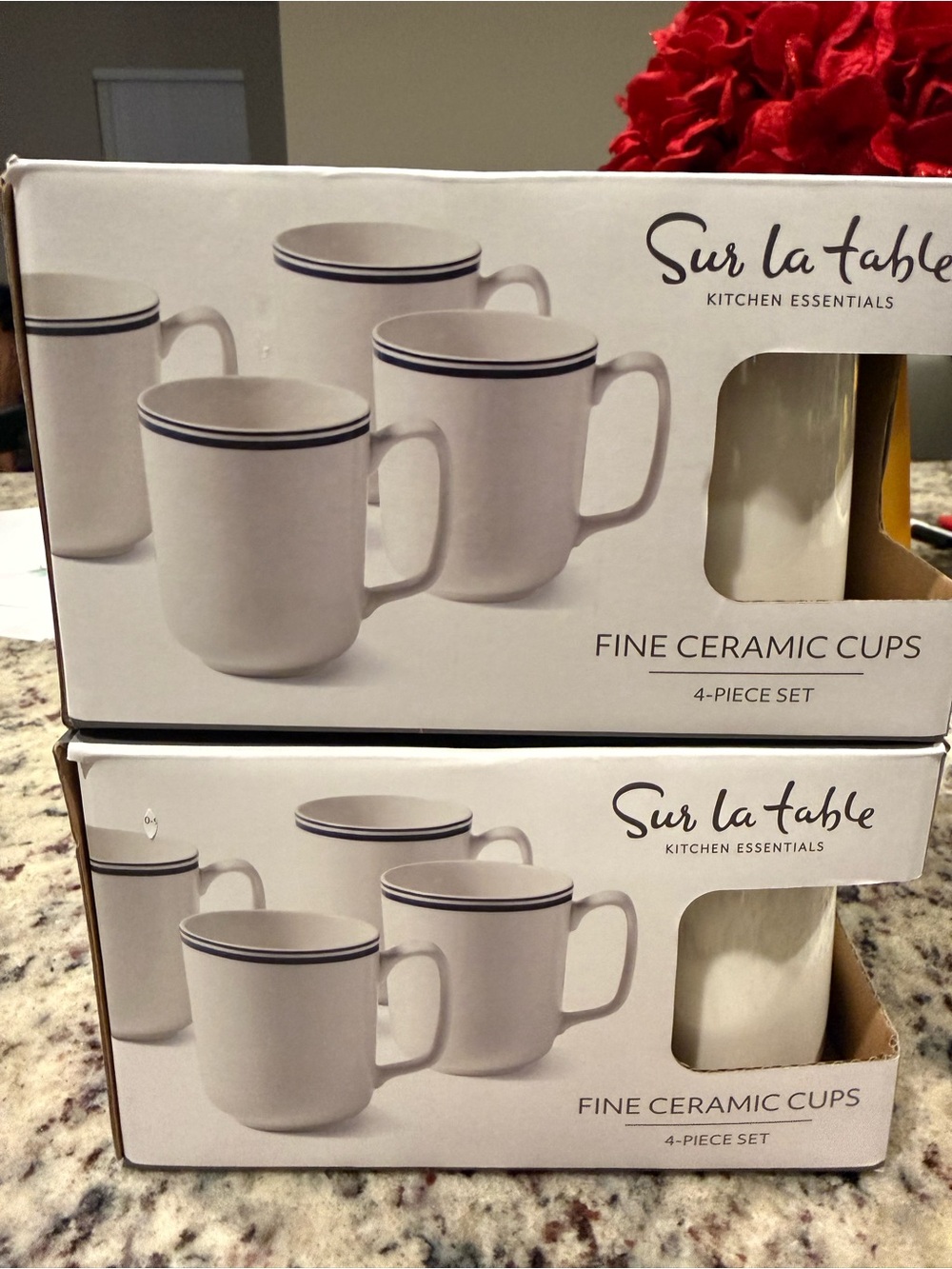 Sur La Table White Ceramic Mugs with Navy Trim - Set of 4